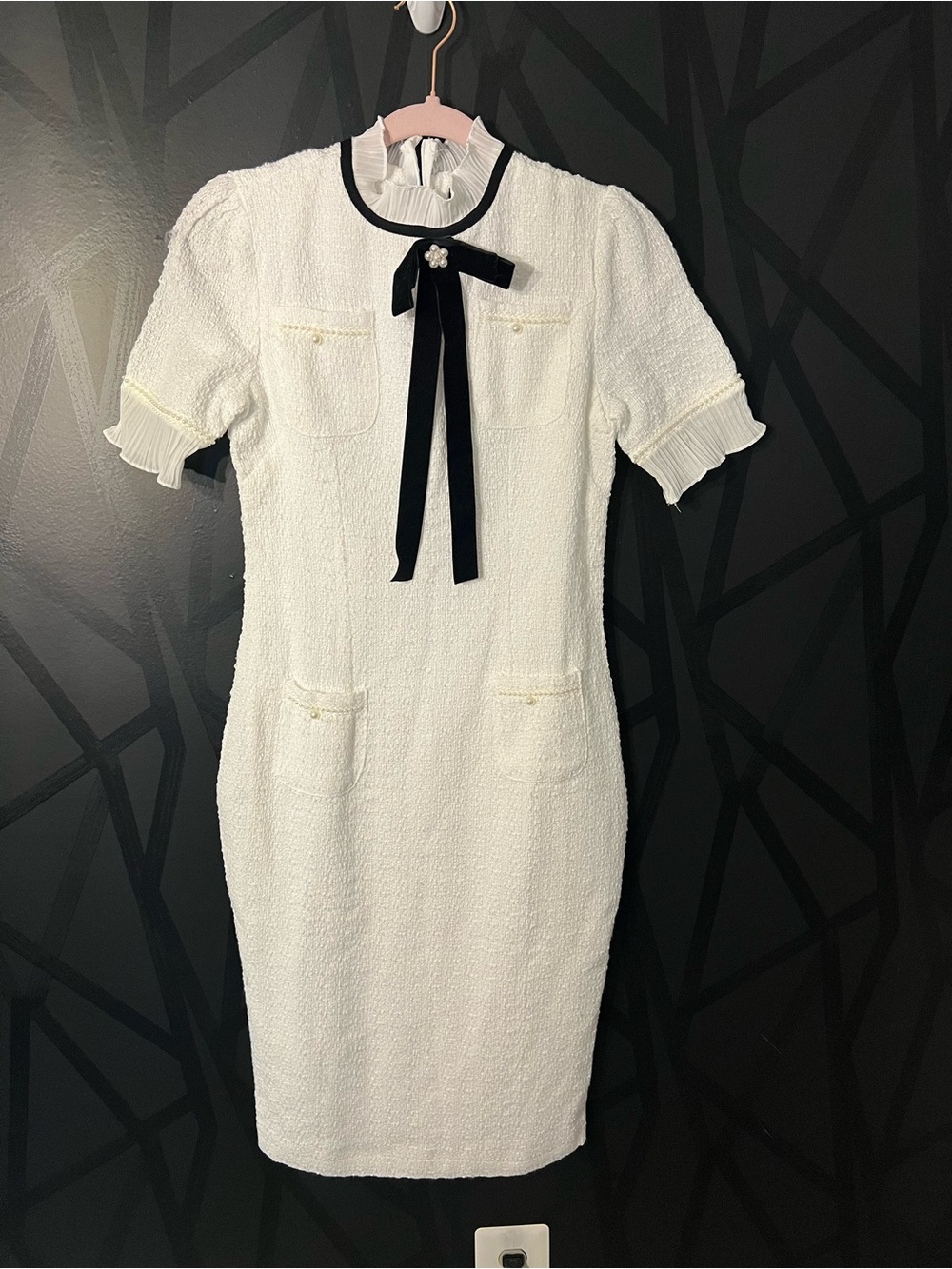 CHICME White Pearl Bow Midi Dress Chanel Inspired Size Small